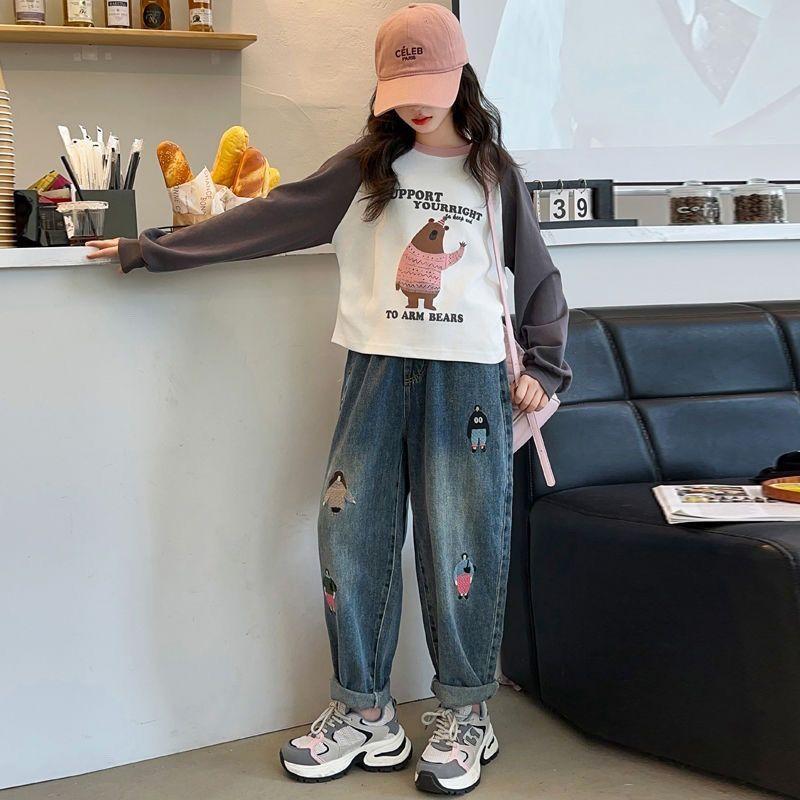 Girls' Jeans Dad's Pants Stylish Embroidery Straight Tube Radish Girls' Big Boys' Harem Pants