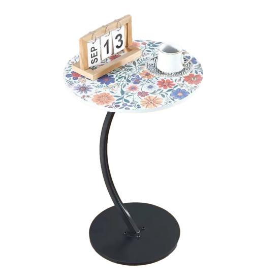 C-shaped Side Table with Floral Tabletop Metal Frame Office Living Room Bedroom