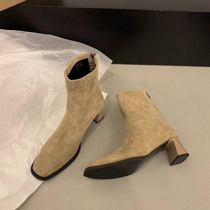 Fashion versatile and comfortable square head thick heel short boots women's 2025 autumn and winter new popular zipper casual thin boots