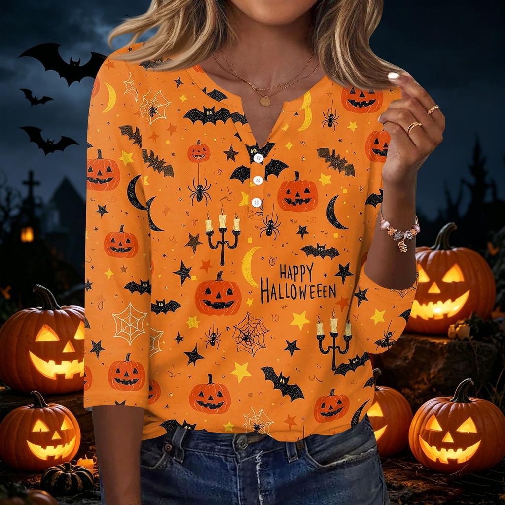 Women Casual Halloween Print V Neck Button Detail Three Quarter Sleeve T Shirt Top Suitable for Seasonal Wear and Everyday Use