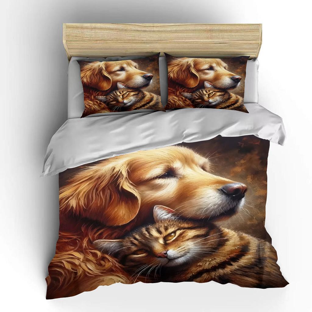 Warm dog and cat embrace painting Print Soft Comfortable Duvet Cover Bedding Set Included 1*Duvet Cover 2*Pillowcases
