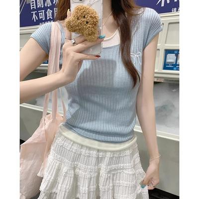 Kurzarm-T-Shirt mit Schleifenstickerei für Damen, Sommer 2024, neue Slim-Fit-Weste mit Farbblockierung, schickes Top mit Rundhalsausschnitt