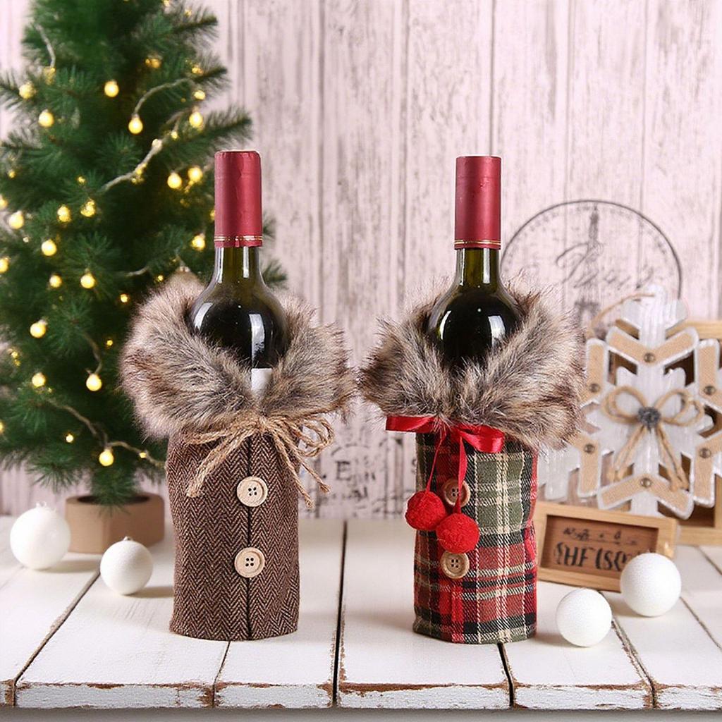Mingguan Christmas Plaid Fur Collar Wine Bottle Cover & Bag