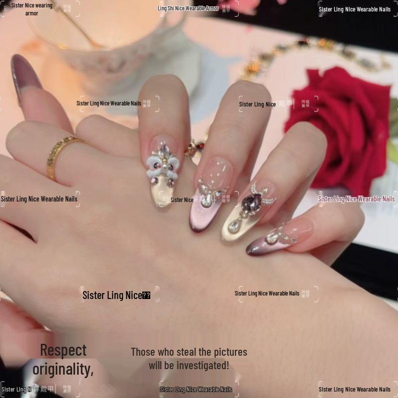 Supreme Waking Lion Cat Eye Manicure - 100% Handmade Wearable and Removable Nail Stickers Middle ladder