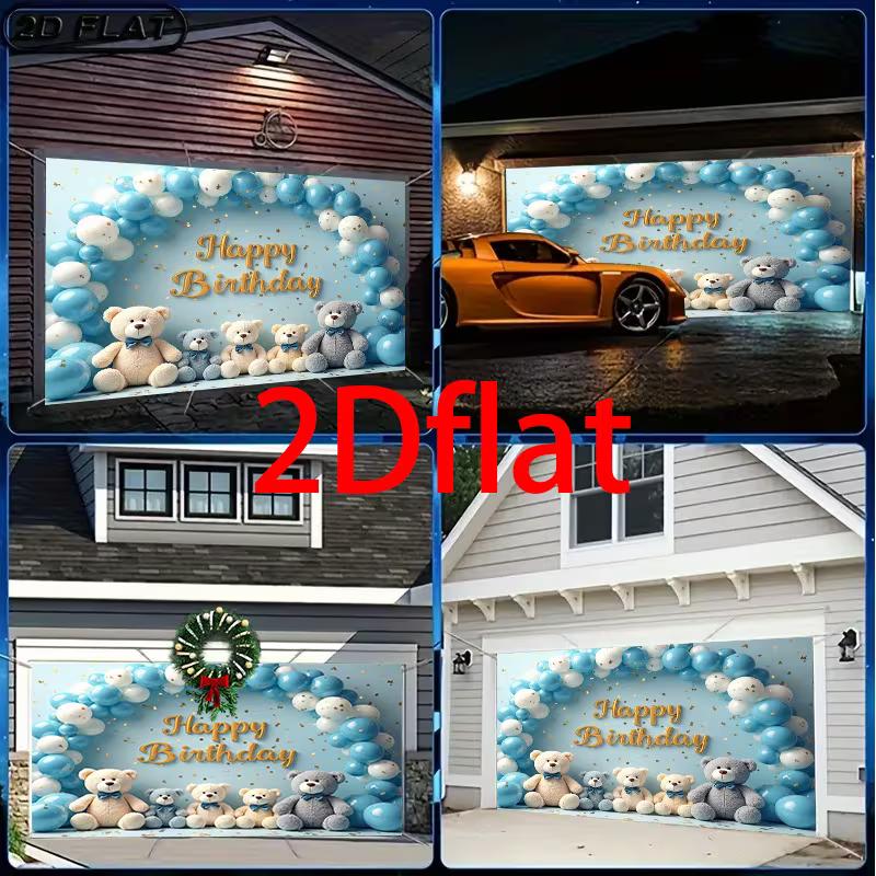 2D Cute Teddy Bear Backdrop, "Happy Birthday" Blue Balloons Party Background