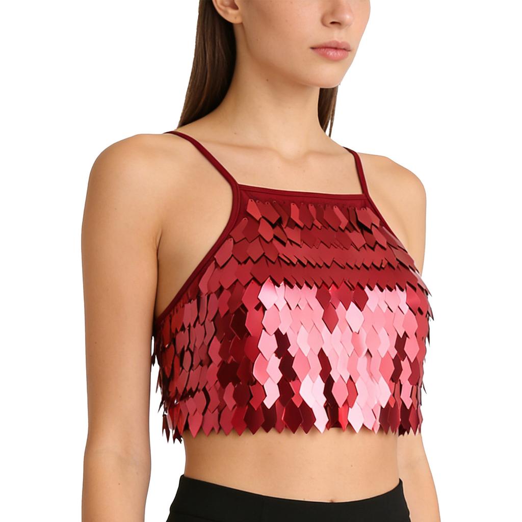 Women Sequin Tassel Bra Top Spaghetti Straps Lace Up Back Crop Camisole Belly Dance Clubwear