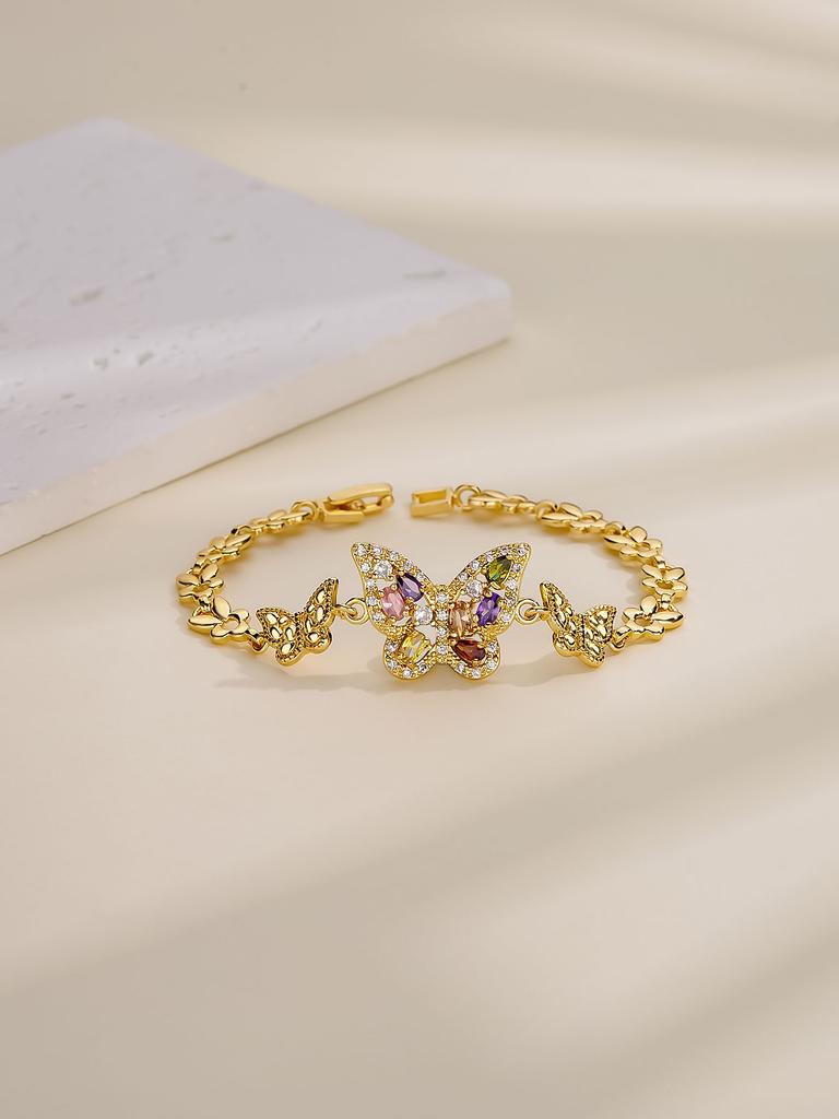 FanSibao 3 Zircon Inlaid Butterfly Bracelets for Women Exquisite Gold Plated Jewelry