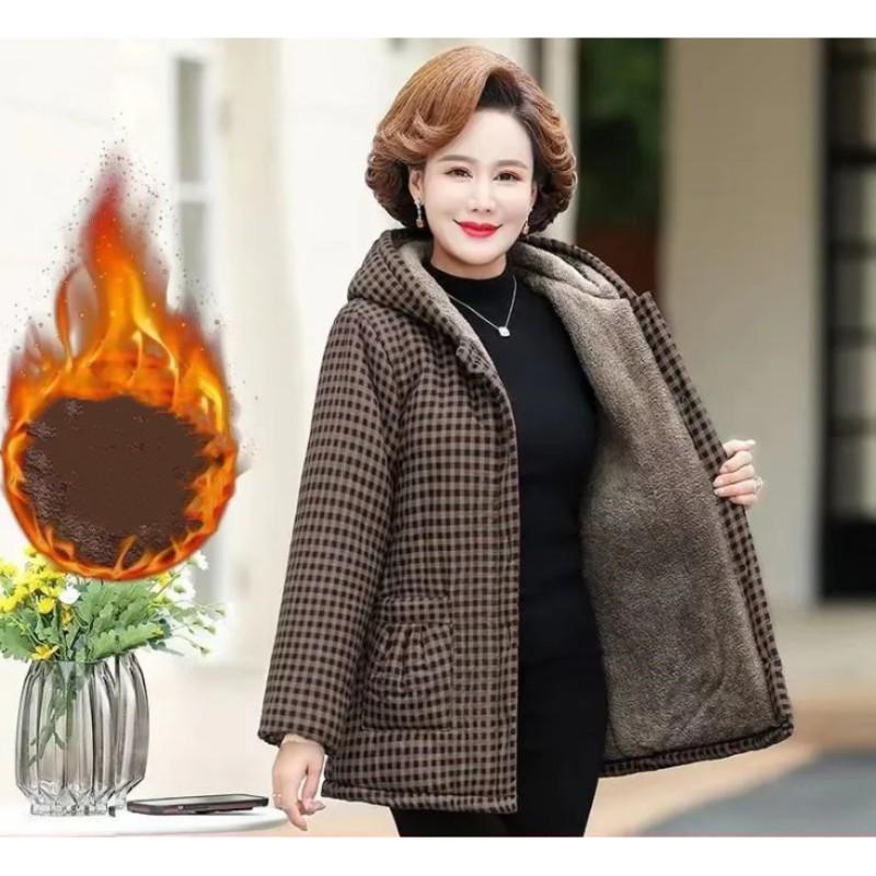 Women's Winter Plus Size Cotton-Padded Jacket Middle-Aged Elderly Mothers Short Warm Padded Coat Casual Hooded Outerwear