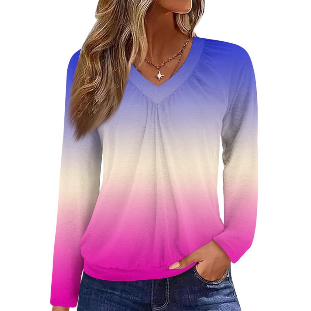 Women's Casual Fashion V-Neck Raglan Pleated Color Long Sleeve Top