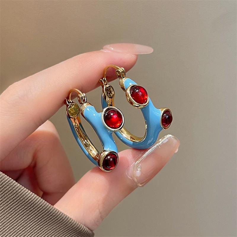 Retro Drop Glaze French Earrings Ear Buckle High Grade Blue Red Color Matching Ear Buckle Vintage Elegant Circular Earrings Women Party Gifts