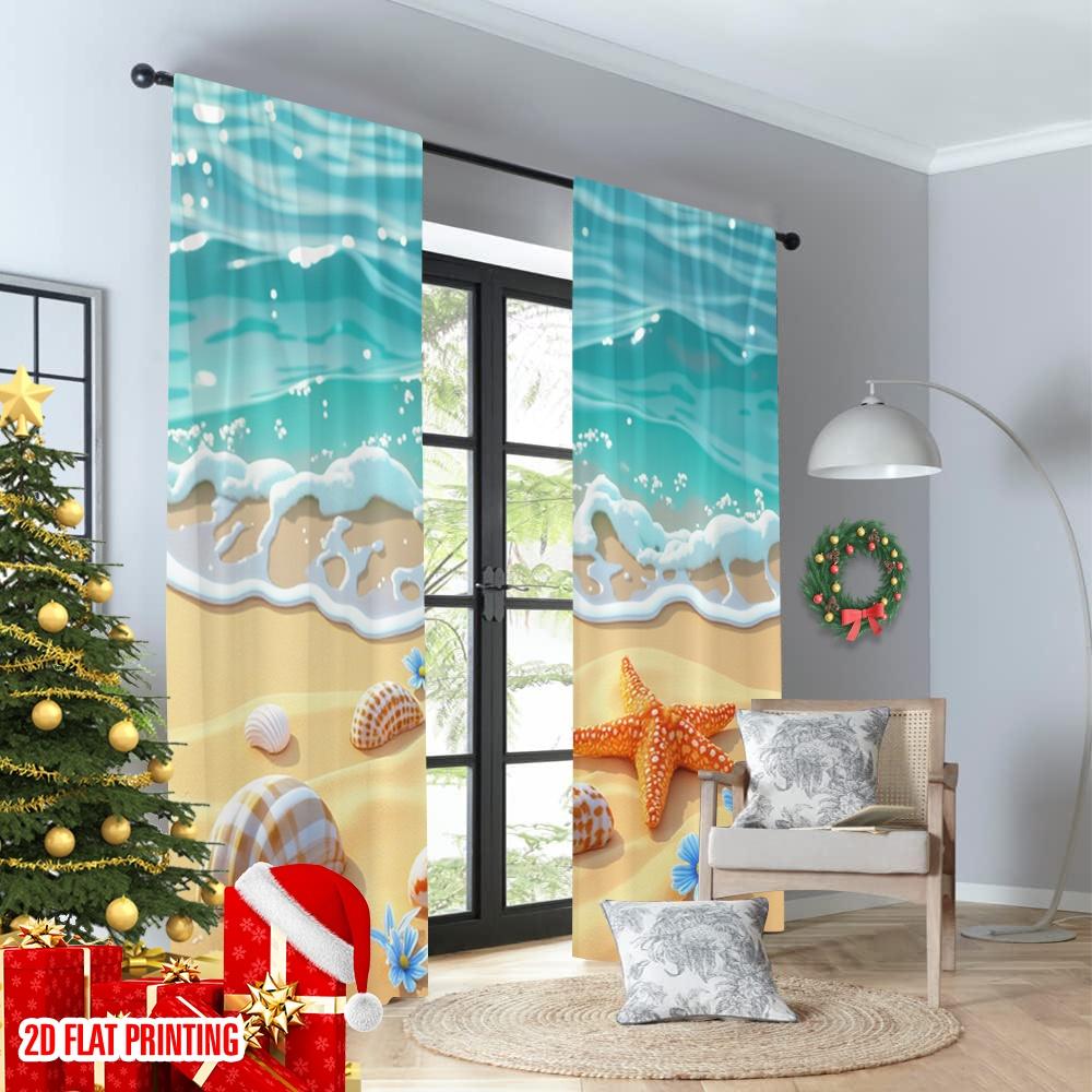 Flat Printing Curtain Starfish Shells Beach Tropical Ocean Digital Printed Polyester Drapes Festive Holiday Use Door Curtains Set Of 2 Made