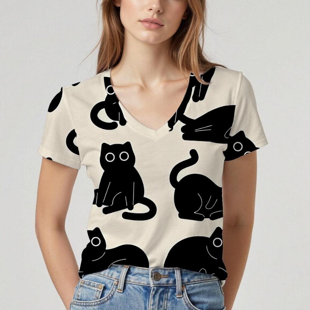 New V-neck women's short-sleeved T-shirt with cat pattern design. Summer top with soft texture, comfortable and breathable
