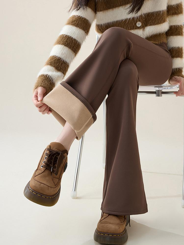 Autumn Winter Rabbit Fleece Sharkskin Micro Flared Pants Leggings Women Elastic High Waist Slim Warm Horseshoe Pants