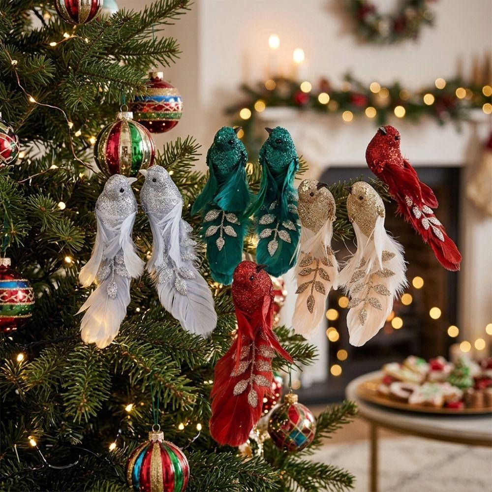 1 Pair Glitter Artificial Feather Bird Ornament Sparkling Powder Colorful Feathers Christmas Tree Bird Pendant Realistic Clip-On