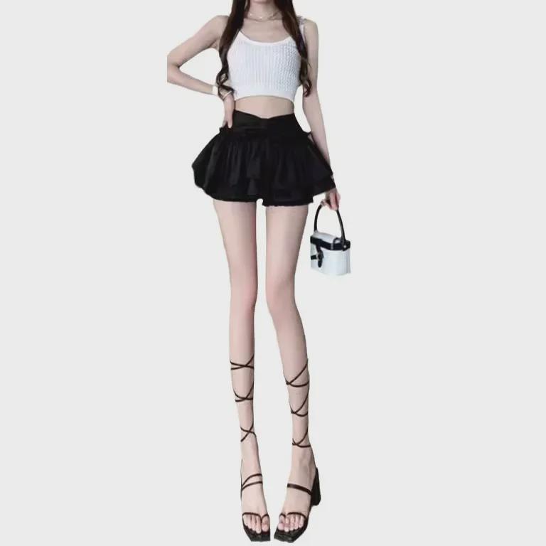 Damen Sommer Ballett-Stil Puffiger A-Linien Minirock mit Rüschendetails