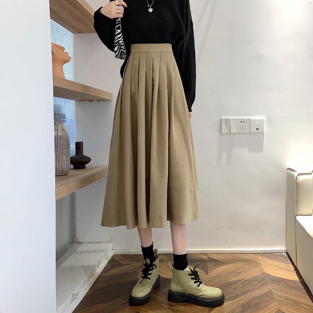 Vintage High Waist Pleated Skirt Women Korean Fashion College Style Long Skirt Ladies Autumn Casual A Line Skirts