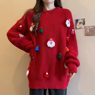 Weihnachtspullover für Damen, Weihnachtsmann, Weihnachtsmütze, Dekor, lockere Passform, Strickoberteile, Rundhalsausschnitt, Langarm, Herbst-Winter-Pullover