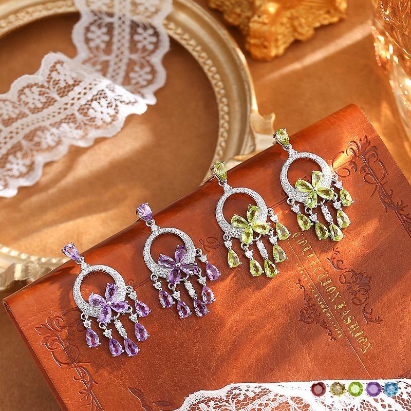 S925 Silver Colorful Crystal Tassel Earrings French Palace Style Drop Earrings