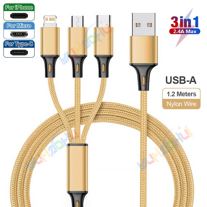 2.4A Max 3 w 1 kabel USB szybkie ładowanie kabel błyskawicy do iPhone'a typu C kabel do ładowania telefonu komórkowego do Xiaomi Samsung USB Micro