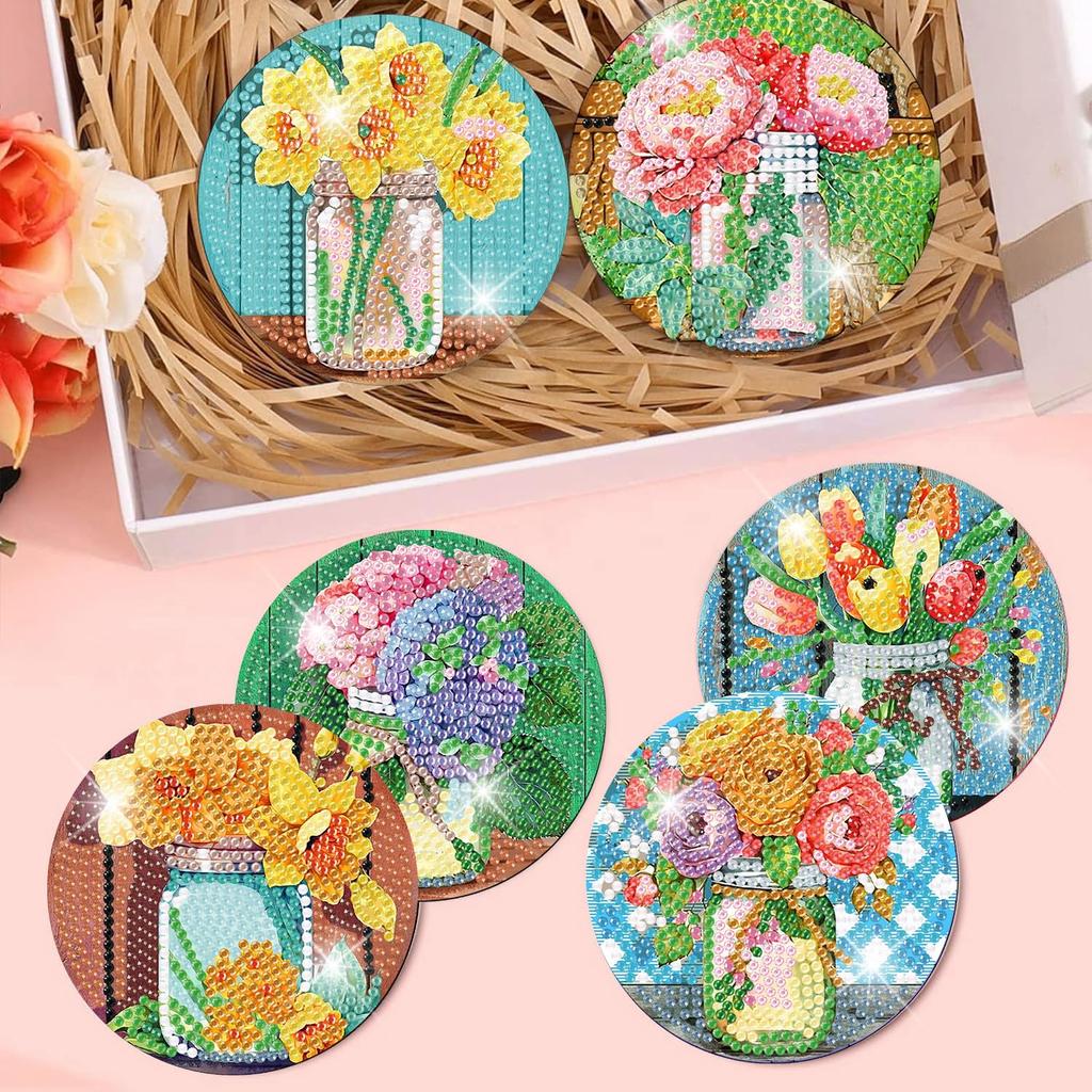 mrpwnle 8-Piece Diamond Art Coaster Kit - Flower Diamond Painting Coaster Kit with Holder, DIY Flower Diamond Art Coaster Kit for Beginners, Adults,