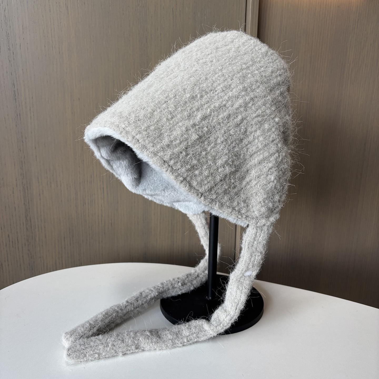 Japanese Versatile Age-Reducing Lace-Up Knitted Pullover Hat, Warm Ear Protection, Sweet Face, Small Bald Hat, Wool Hat M（56-58cm）