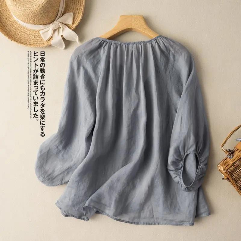 Spring Summer Lantern Sleeve Cotton and Linen Shirt Women's Literary Retro V-neck Casual Top