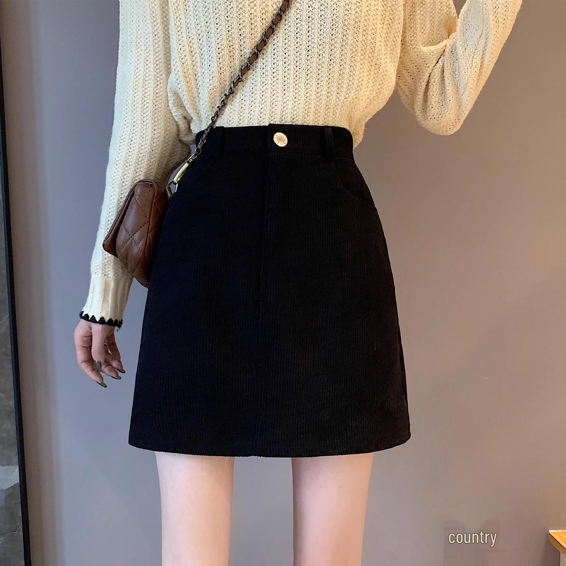 

2024 Autumn/Winter Korean Retro High-Waist A-Line Corduroy Skirt - Black S (81-90 jin recommendation) чёрный