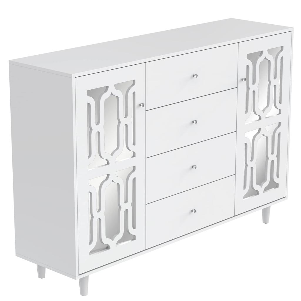 Mirrored Sideboard, Modern Chest of Drawers with 2 Doors & 4 Drawers, Cabinet with Crystal Handles, for Living Room, Dining Room & Bedroom
