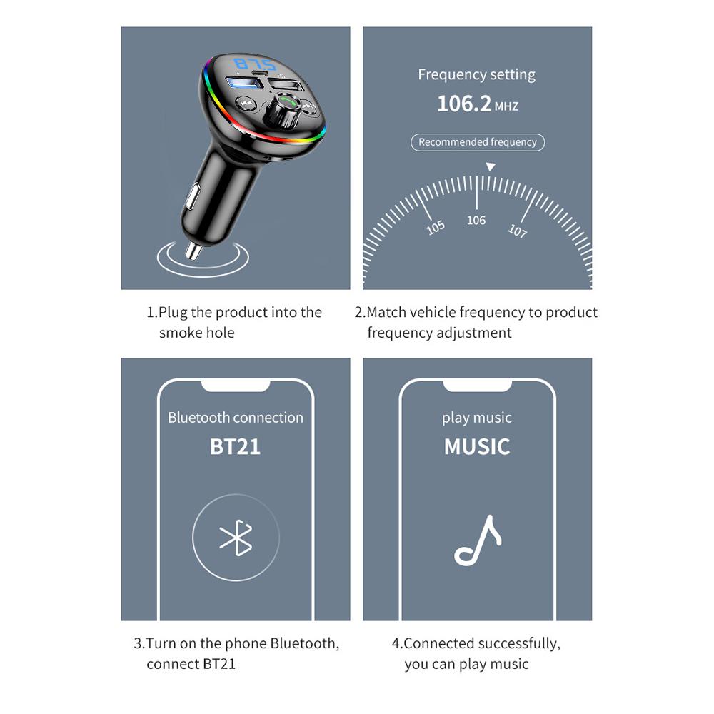 Transmetteur FM sans fil PD 18 W, kit mains libres Bluetooth 5.0 pour voiture, double port USB, chargeur rapide, modulateur radio, lecteur MP3, prise en charge de la carte TF