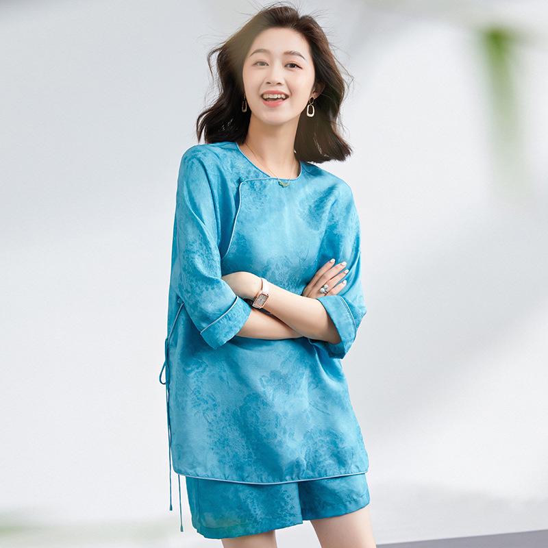 Women's High-End Chinese Style 100% Pure Mulberry Silk Ribbed Jacquard Top & Pants Set