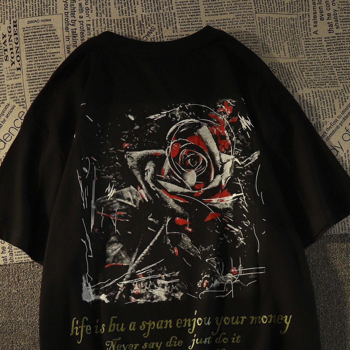 Retro Street Dark Rose Loose Trendy Summer Tshirt 100 Cotton Cool Comfortable Versatile Adult Mens Daily Wear Soft Breathable S
