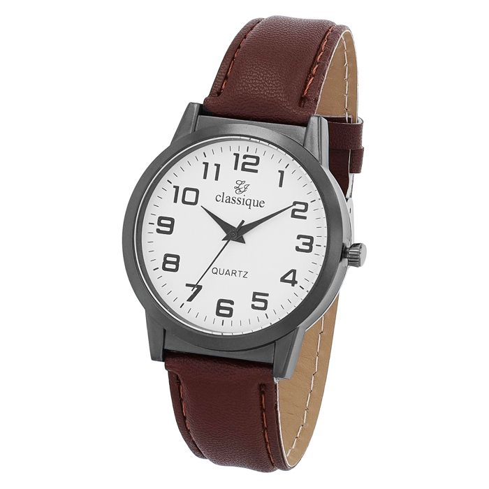 Montre bracelet - Classique - Boîtier métal noir 40 mm - Quartz - Bracelet simili cuir marron 20 mm