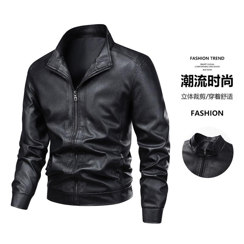 

Leather Jacket Men s Coat Trend Season New Retro Solid Color Stand-up Collar Slim Trend Leather Jacket Men M