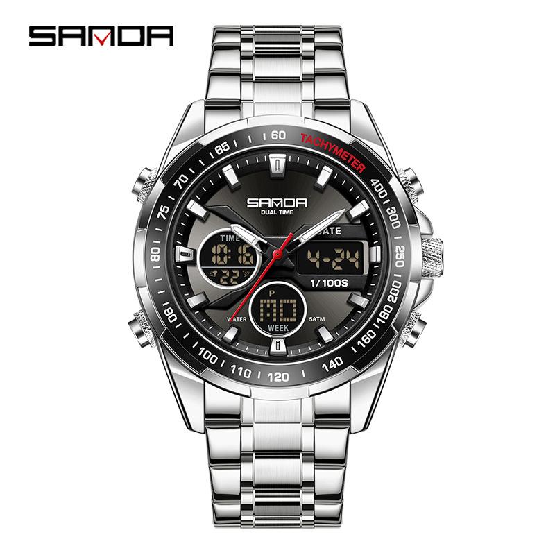 SANDA Stereoscopic Dual Display Watch Men's Steel Band Sunday Date 12/24 Hour 5ATM Waterproof Night Light Alarm Clock