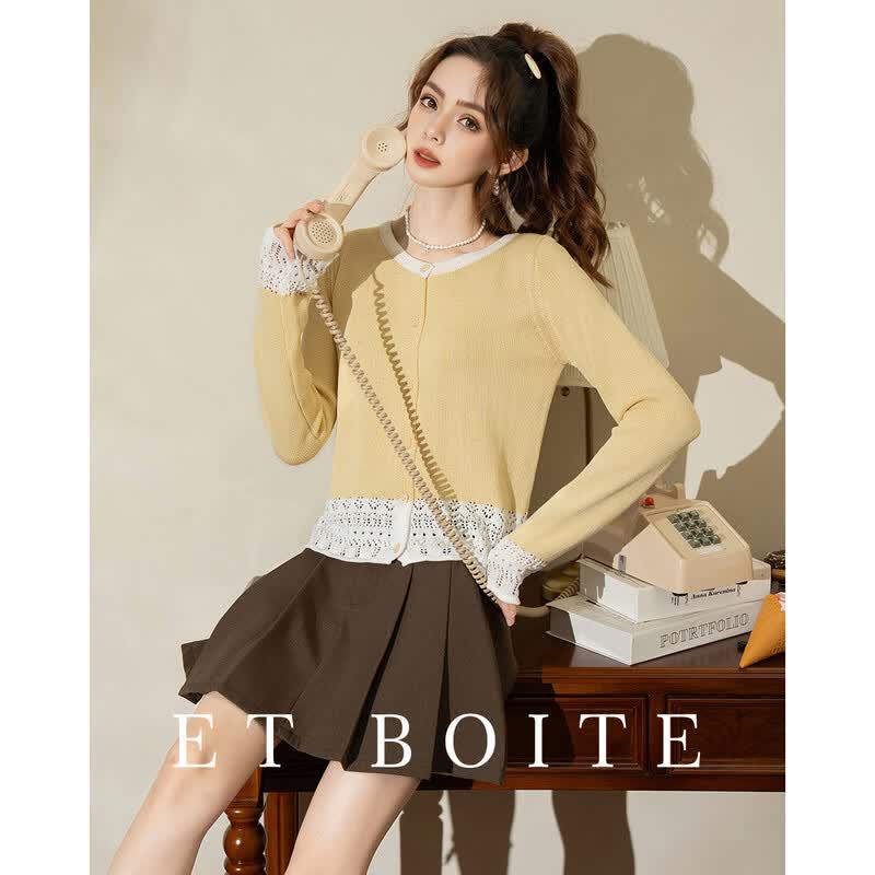ET BOITE Women s French-Style Crochet Knit Long Sleeve Top One Size