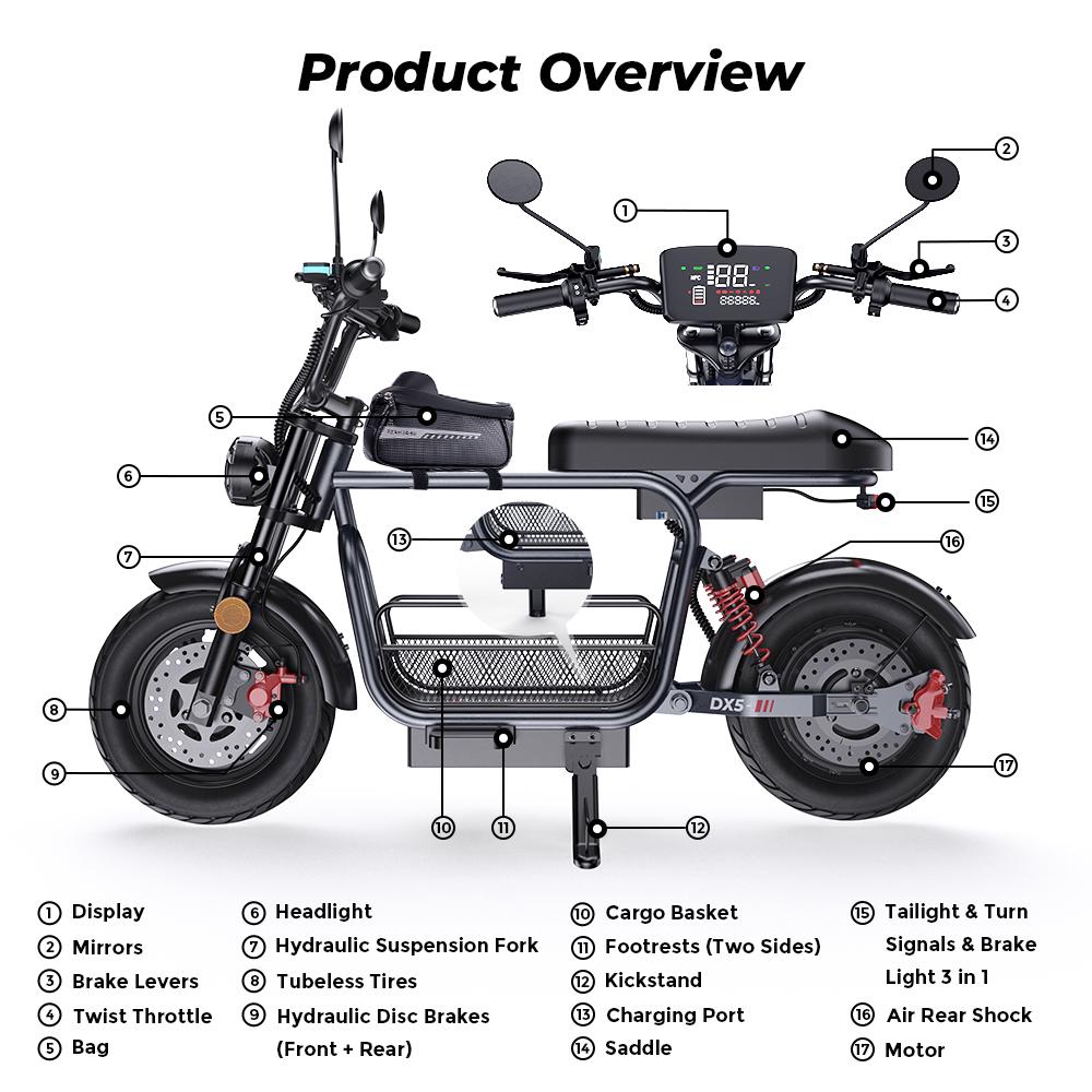 iScooter DX5 Electric Scooter 15.6Ah 16'' Tires NFC Start  60-72KM Range Adult scooter Max Load 150KG escooters