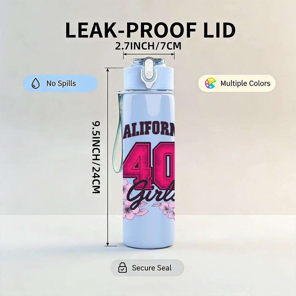 1PC California 40 Girly Floral Print 750ml Color Plastic Sports Water Bottle Leakproof Flip Straw Lid Suitable for Sports Office Home Use
