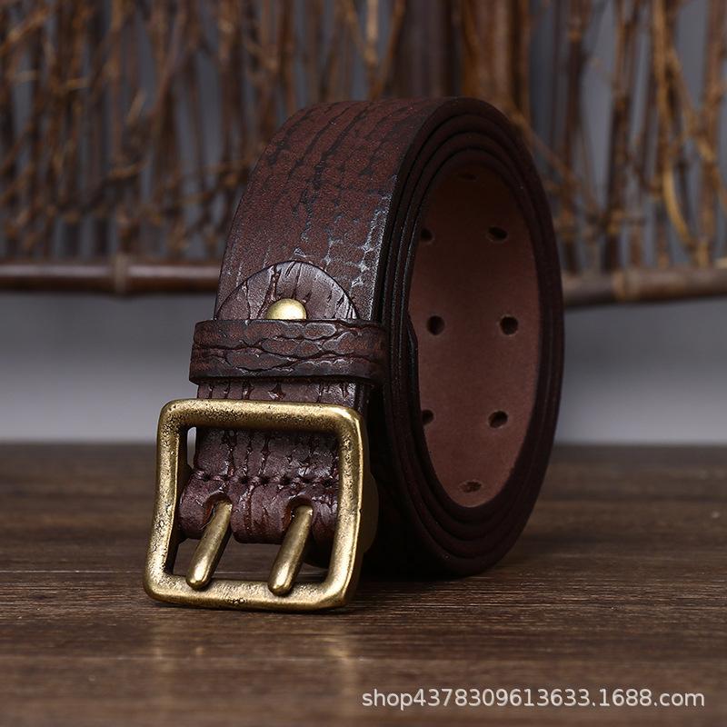 2024 New Korean Retro Vintage Vintage Fashion Personalized Double Needle Copper Buckle Belt Men's Genuine Leather Pure Cowhide Cowboy Belt