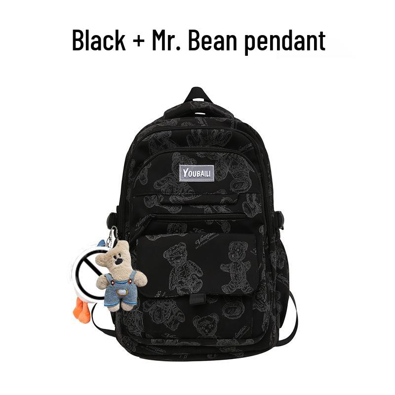 Large Capacity Bear Print Backpack for Students - Perfect for Middle, High School, and University Girls.