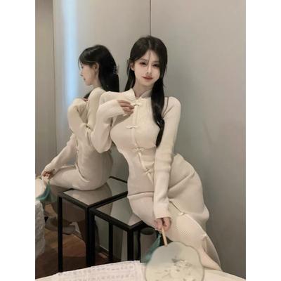 White Buckle Improved Cheongsam Knitted Dress Women's Autumn High-end Temperament Long Skirt