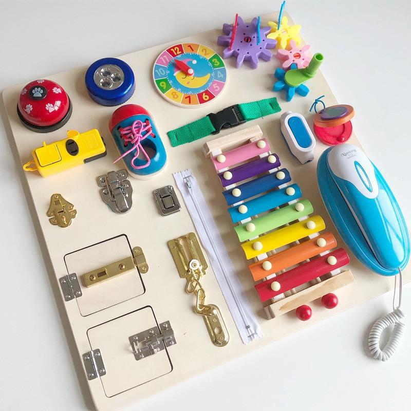 Wooden boys and girls Montessori busy board unlocking steering wheel telephone switch unlocking parent-child early education life toys