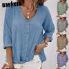 Women's Fashion Casual Solid Color Print 3/4 Sleeve V Neck Blouses & Shirts