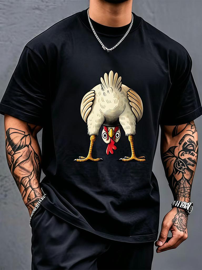 Silly Upside Down Chicken Cartoon Graphic Unisexs Cotton Short Sleeve Tee Funny Animal Casual Top For Humor Loving Adult Male Fans
