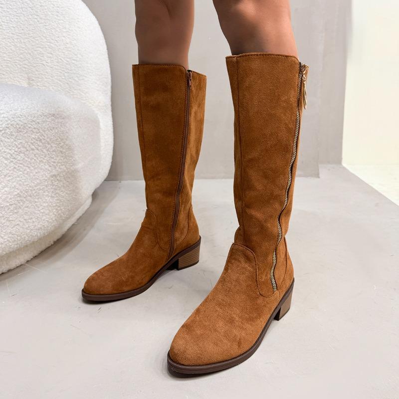 Fashion Women's Chunky Single Boots Spring New Round Head Suede Side Zipper Soft Sole Anti-slip Wear-resistant High Boots