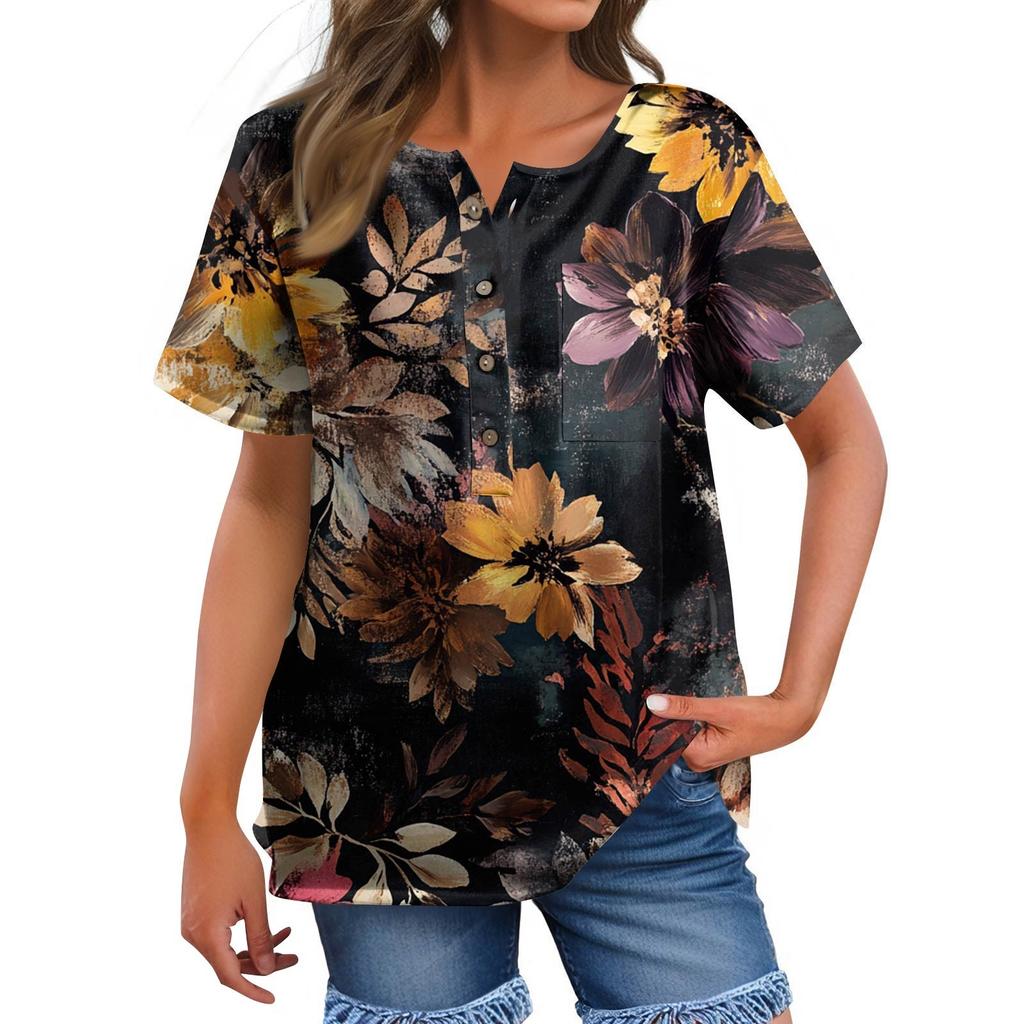 Dámská móda ležérní halenka s potiskem s kulatým výstřihem a krátkým rukávem