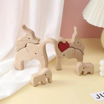 Wooden Elephant Family Puzzle Ornament Love Heart Mother Father Baby Elephant Jigsaw Table Sign Home Office Desktop Decoration