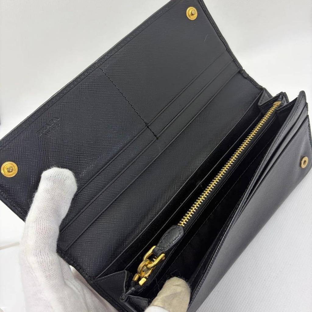 Used Peak Prada Long Wallet Folding Wallet Shibo Leather Triangle Logo Black