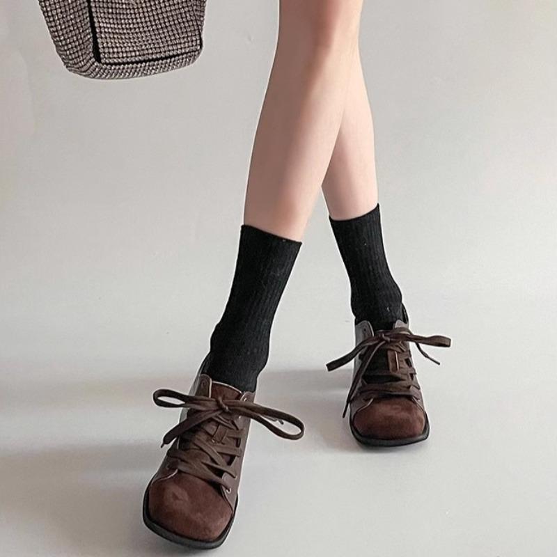 Women's Coarse Heel leather Shoe Square Head Suede Before Lacing Low-top Shoe square head fashion splicing women's shoes tacones