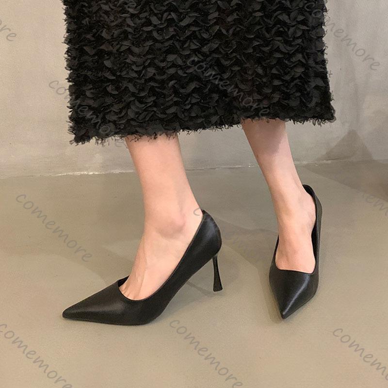 Comemore High Heels Temperament Women's Shoes 2025 New Spring Black Pointed Toe Shallow Mouth Thin Heeled Shoes Sexy Dress Pumps