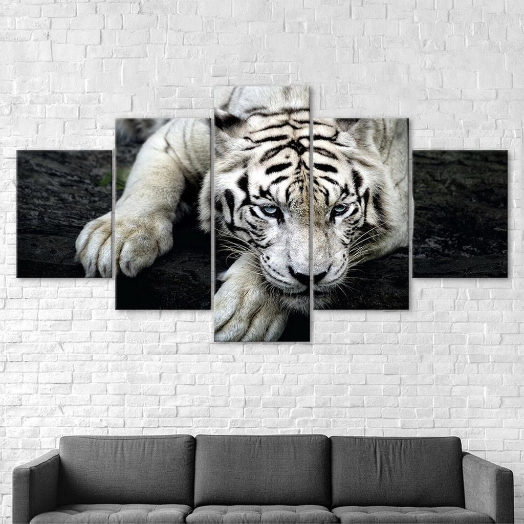 White Tiger Face Wildlife Animal 5 Piece Five Panel Wall Canvas Print Modern Poster Picture Home Decor Gift For Him For Her